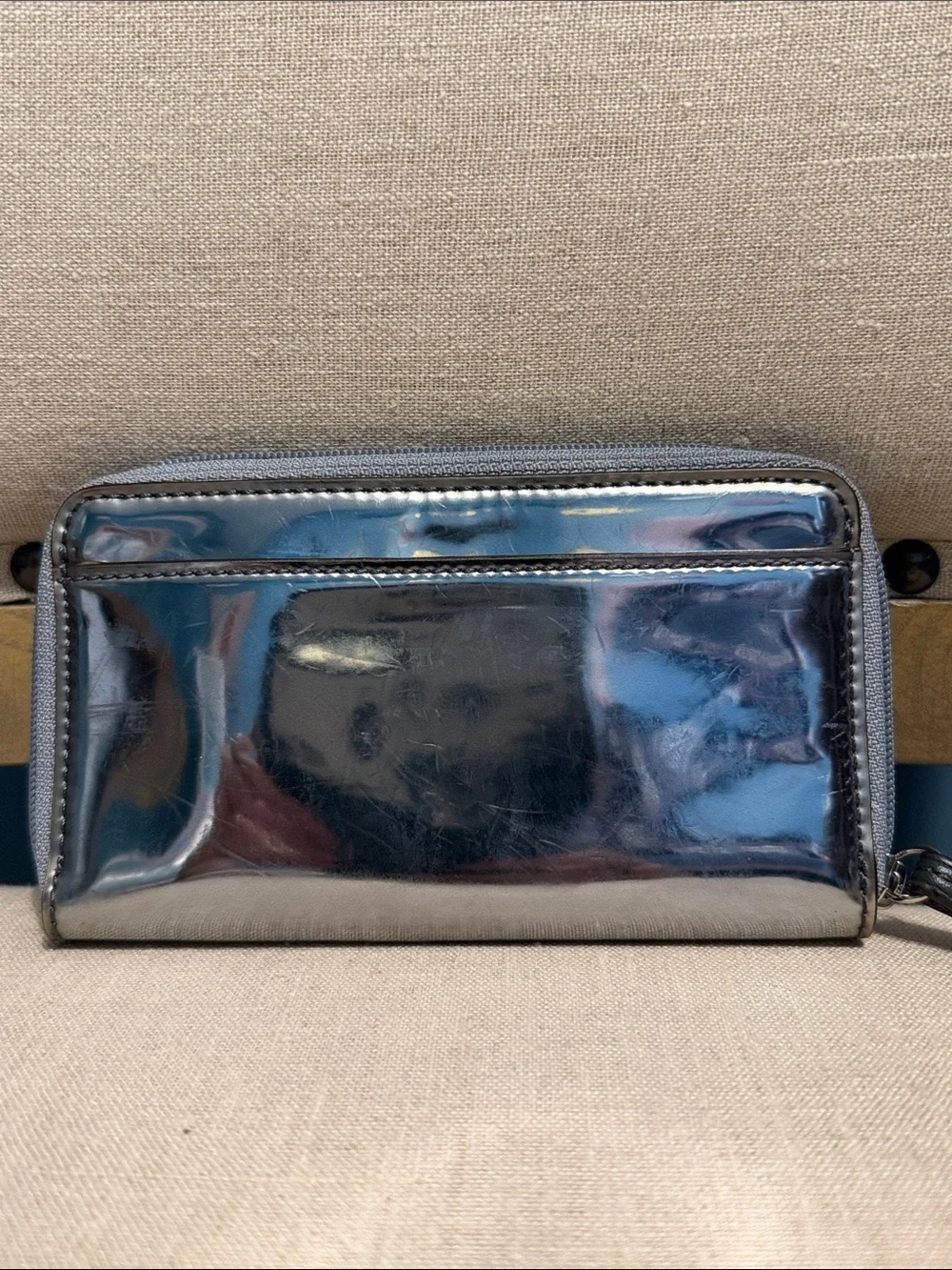 Coach Iridescent Metallic Wristlet in Silver-Blue Sheen